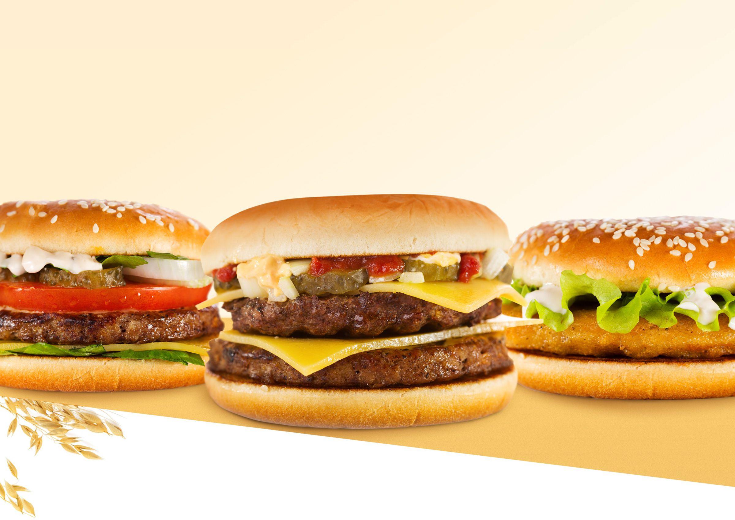 Chicken sandwich, double cheeseburger, and cheeseburger on freshly baked Northeast Foods breads.